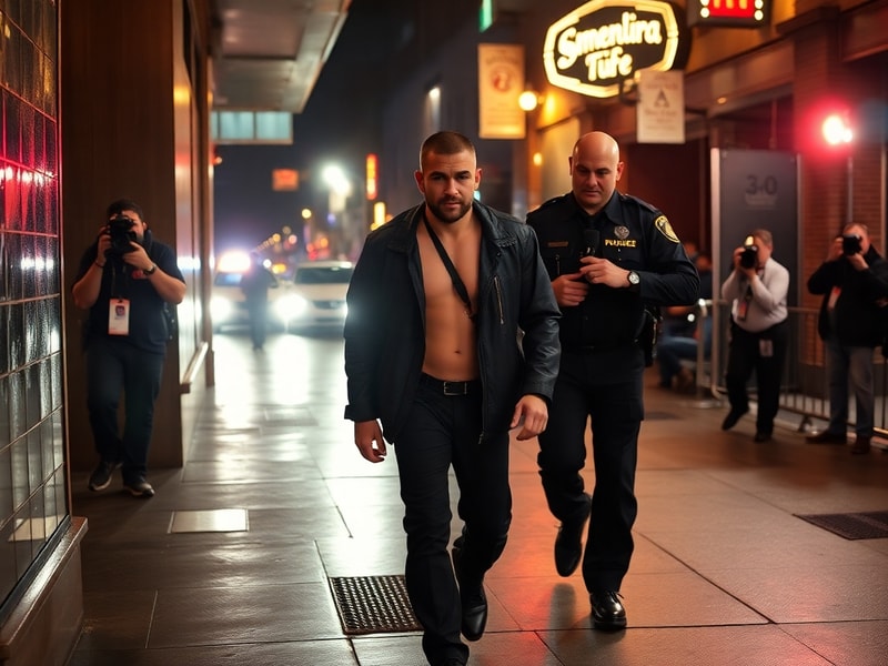 A split-image visual: on the left, Dustin Poirier in a police booking photo with a somber expression; on the right, Poirier i