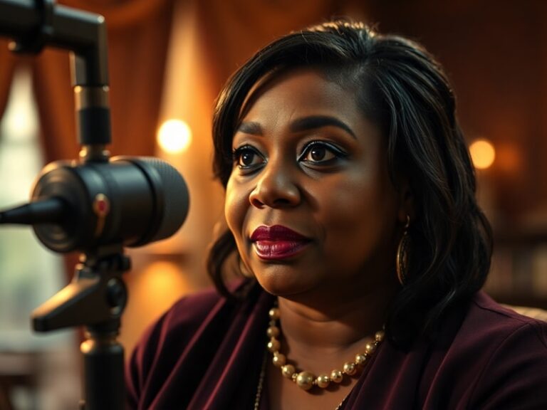 A confident Octavia Spencer poses on a film set, dressed in a stylish blazer and pants, with a warm smile and a confident sta