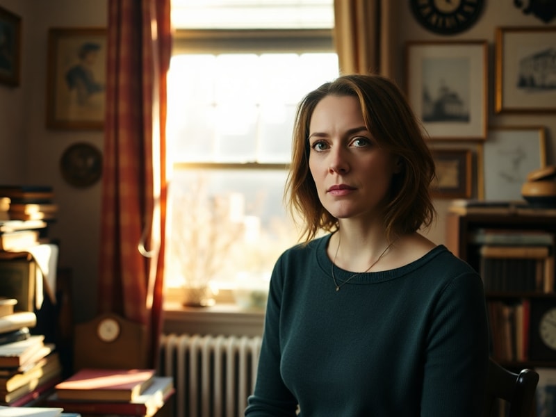 A professional headshot of Julianne Nicholson in a contemplative pose, dressed in casual yet stylish attire, set against a ne