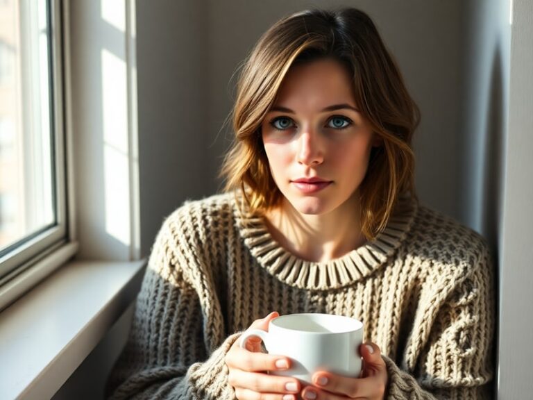 A contemplative portrait of Julianne Nicholson in a dimly lit room, wearing a simple sweater, with soft natural light illumin