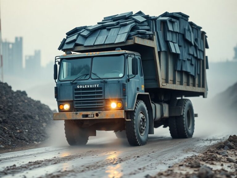 A lowboy slate truck parked near a quarry, loading large stacks of dark gray slate slabs onto a reinforced trailer with air-r
