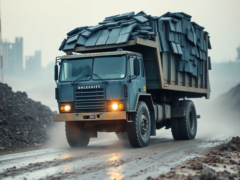 A lowboy slate truck parked near a quarry, loading large stacks of dark gray slate slabs onto a reinforced trailer with air-r
