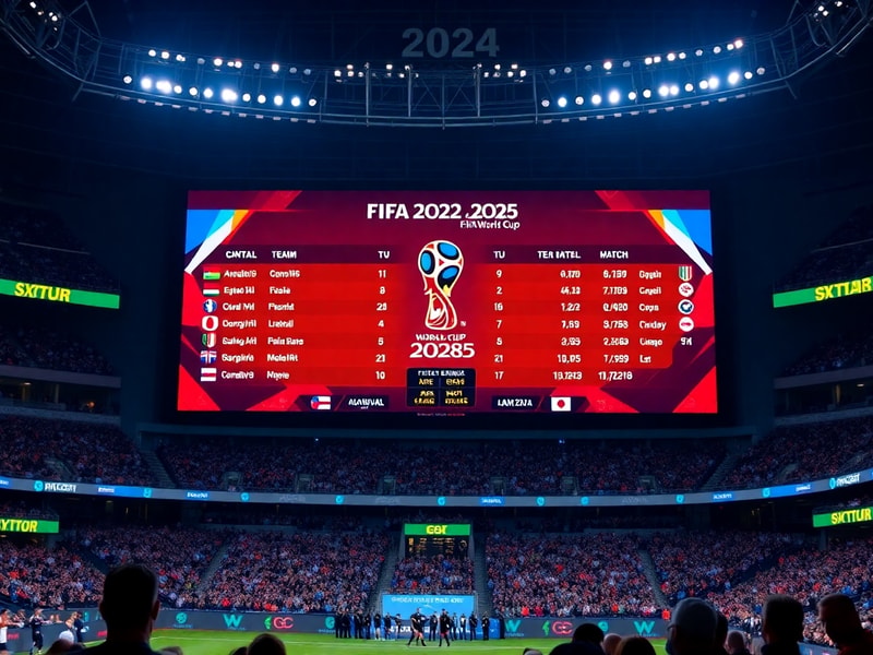 A vibrant stadium filled with fans wearing colorful jerseys, capturing the excitement of a World Cup match. The scene include