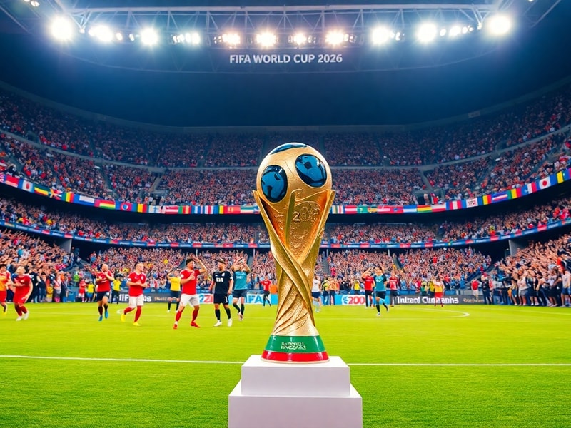 A vibrant stadium filled with diverse fans, featuring a projection of the 2026 World Cup logo on the pitch, with North Americ