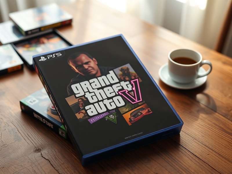 A sleek, cinematic shot of a GTA 6 collector’s edition Blu-ray disc resting on a wooden surface, surrounded by a steelbook ca