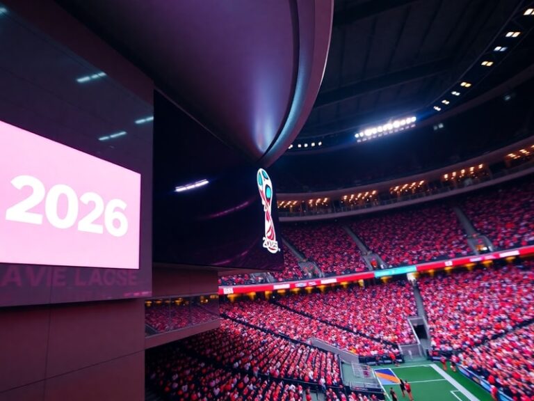 A panoramic shot of a packed stadium during a World Cup match, with fans waving flags, players in action, and vibrant lightin