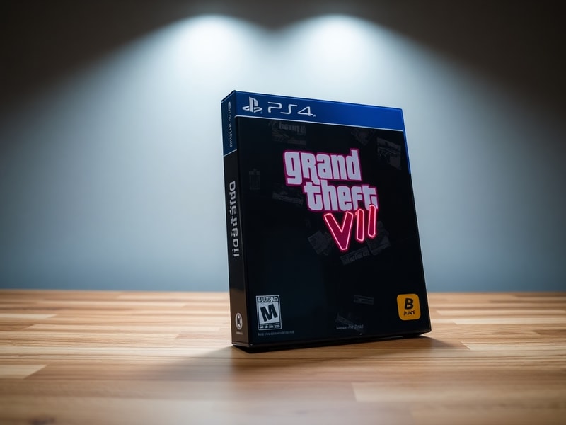 A stylized image of a GTA VI collector’s edition steelbook case, art book, and soundtrack CD arranged on a retro 1980s-style