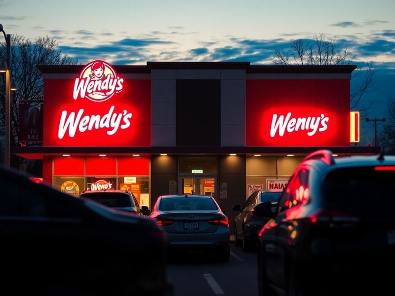A modern Wendy's restaurant exterior at golden hour, with a bustling drive-thru lane and digital menu boards displaying new m