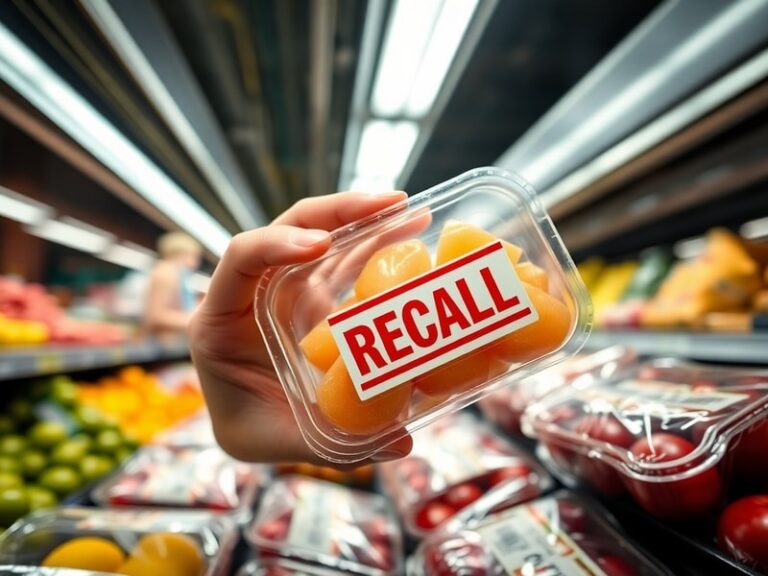 A refrigerated supermarket display with empty plastic clamshell containers, a spilled melon chunk, and a biohazard-style caut