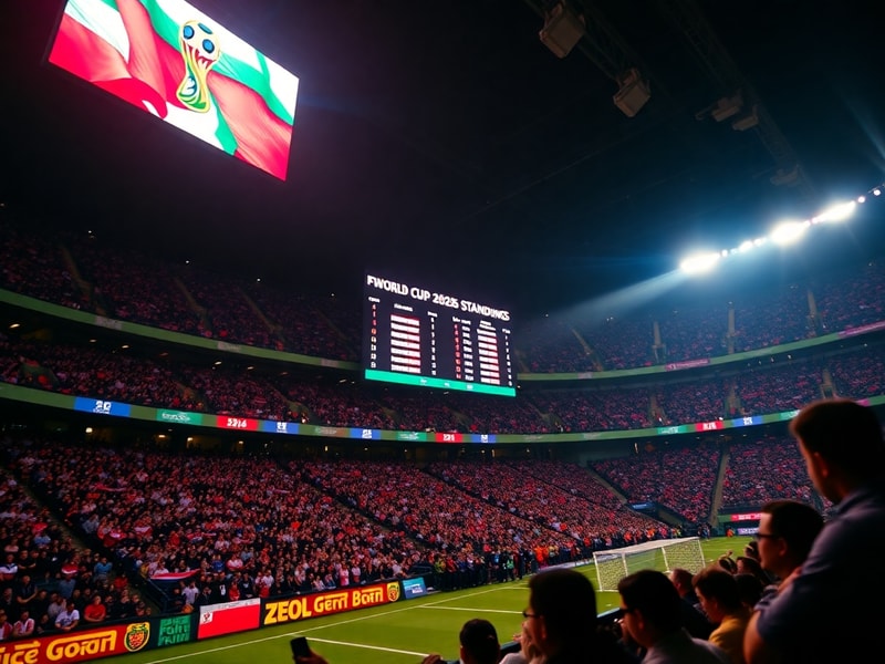 A vibrant stadium packed with fans, displaying a large electronic scoreboard showing FIFA World Cup 2026 standings with team