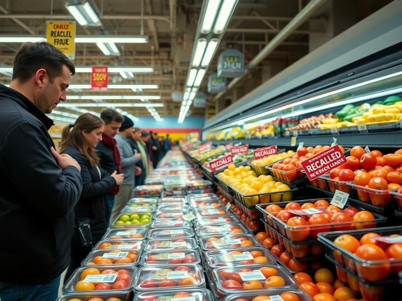 A supermarket refrigerated shelf displaying sealed plastic trays of mixed fruit salad, blueberries, and pineapple chunks, wit