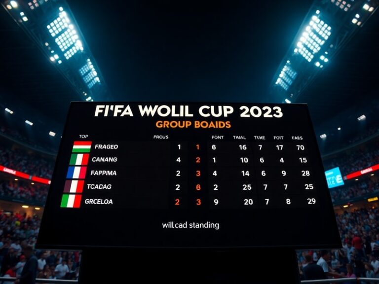 A vibrant stadium packed with fans from diverse nations, displaying flags and banners, with a digital scoreboard showing 'FIF
