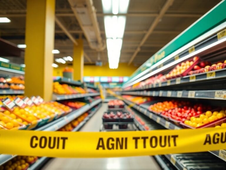 A well-lit supermarket produce aisle with empty fruit containers and a red recall sign on the shelf. A concerned shopper chec