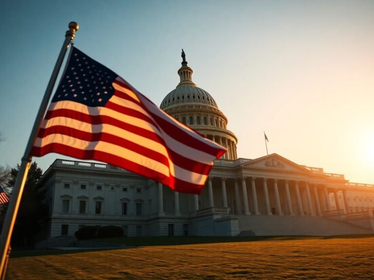 A split-image illustration showing the U.S. Capitol building on one side and a stressed American family on the other, with a