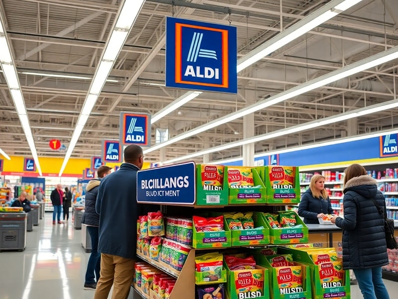 A brightly lit Aldi store aisle filled with colorful blind box displays, featuring families and children examining surprise t