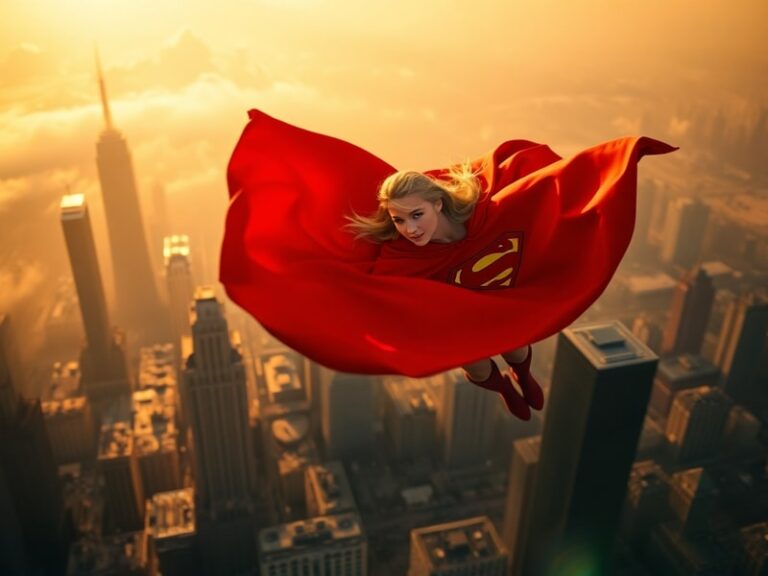 A vibrant promotional image of Supergirl (Melissa Benoist) mid-flight against a cityscape, wearing her classic red and blue s