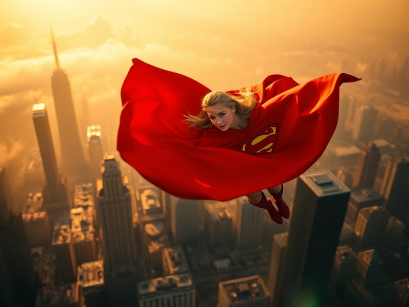 A vibrant promotional image of Supergirl (Melissa Benoist) mid-flight against a cityscape, wearing her classic red and blue s