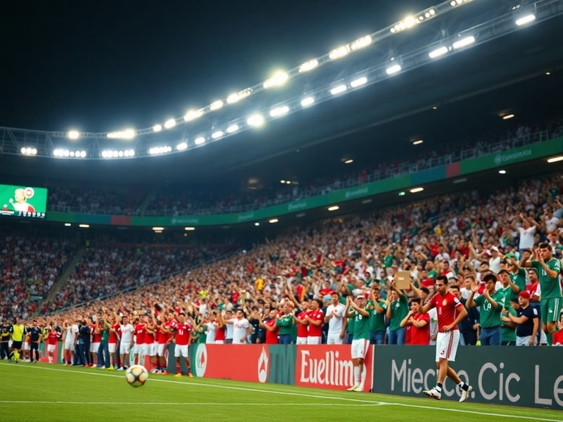 A vibrant soccer stadium packed with fans in green and white jerseys, players in action during a World Cup qualifier, with th