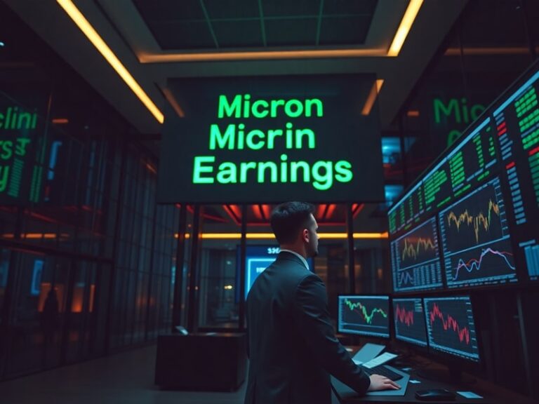 A modern semiconductor fabrication facility with glowing cleanroom interiors, high-tech machinery, and employees in sterile s