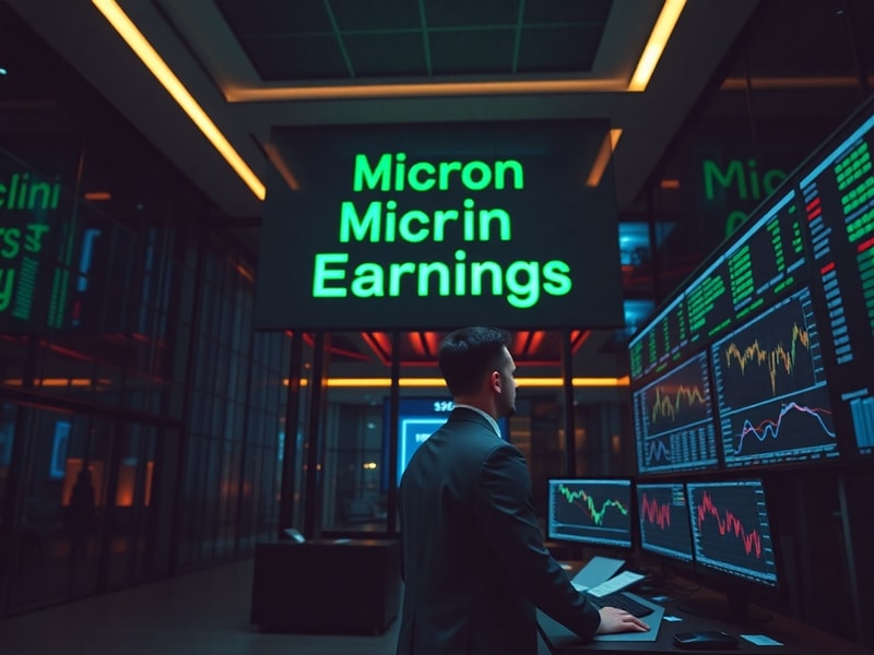 A modern semiconductor fabrication facility with glowing cleanroom interiors, high-tech machinery, and employees in sterile s