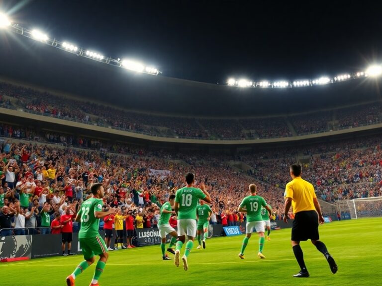 A vibrant soccer stadium filled with Mexican fans in green and white jerseys, Chicharito in action during a World Cup qualifi