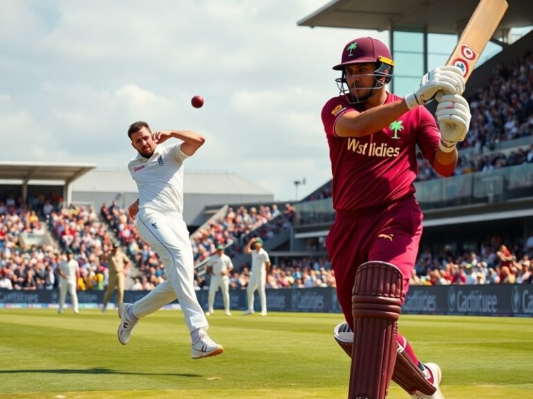 A dynamic action shot of a cricket match between England and West Indies, featuring players in mid-play with a packed stadium
