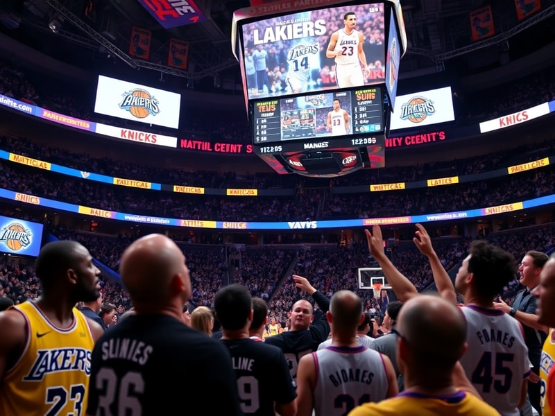 A split-screen image of the Lakers, Knicks, Mavericks, and Suns logos with a basketball court in the background, showing the