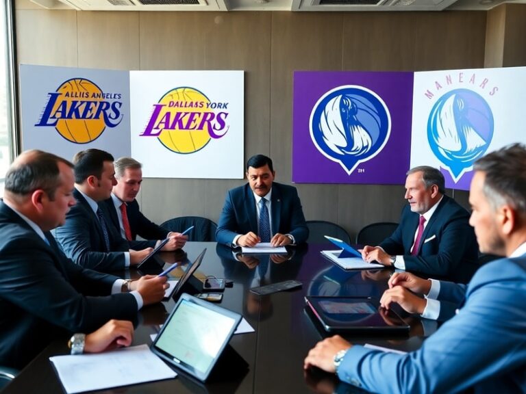 A split-screen image showing four NBA team logos (Lakers, Knicks, Mavericks, Suns) on a dark background with a basketball fly
