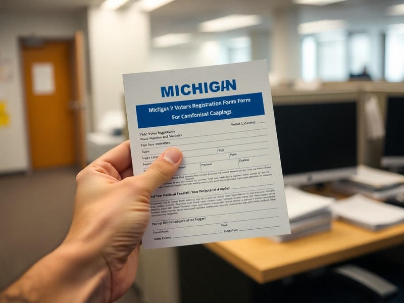 A courtroom scene with a judge, lawyers, and a large screen displaying Michigan voter registration data charts. The setting i