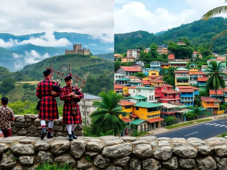 A split-image visual: on one side, the Scottish flag waving against a backdrop of Edinburgh Castle; on the other, the Brazili