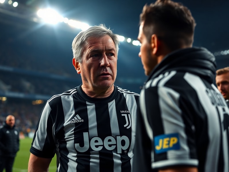 Carlo Ancelotti in a dark suit, standing on the touchline at Santiago Bernabéu during a Champions League match, with Real Mad