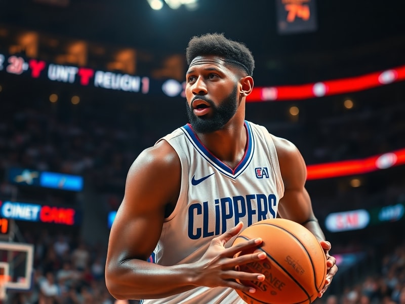 A split-screen image showing Paul George in a Thunder jersey on the left and in a Clippers uniform on the right, with the NBA