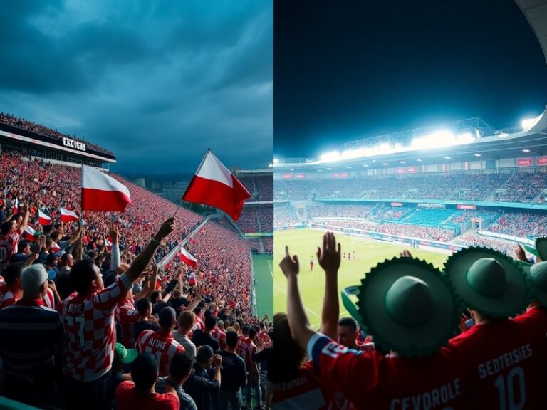 A vibrant stadium scene with Czech and Mexican fans side by side, flags waving, players in action during a match, under flood