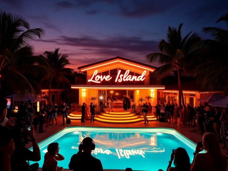 A split-screen image showing a Love Island villa scene on a TV screen with a smartphone displaying the ITVX app, set against