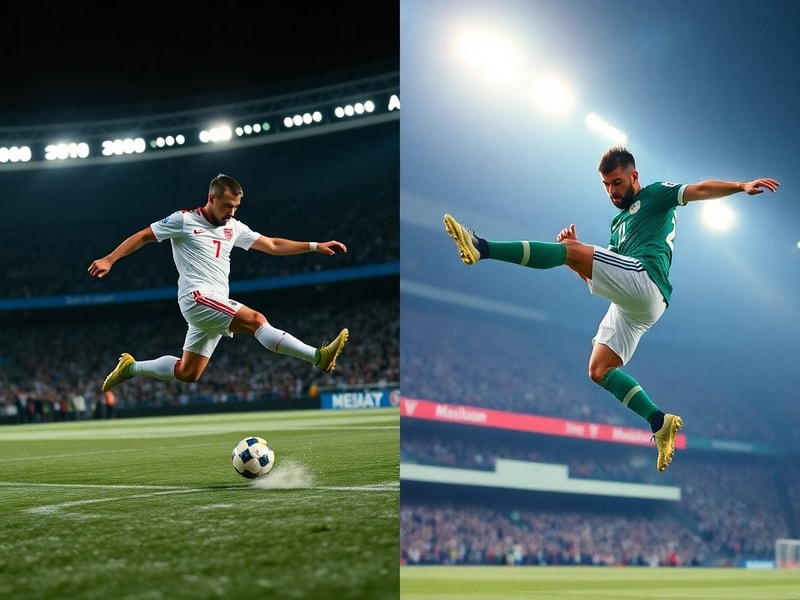 A dynamic action shot of a Czechia player in a red kit challenging a Mexico player in green, set in a packed stadium with fan