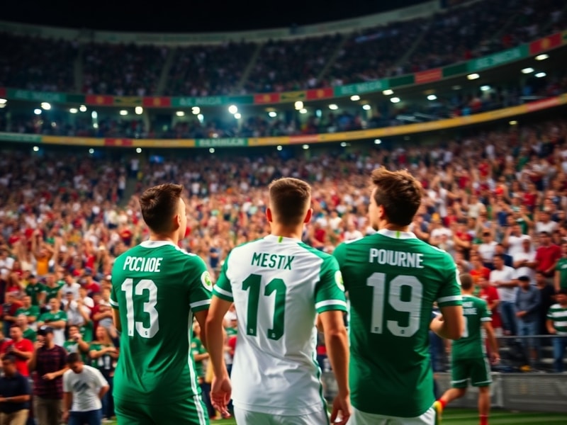 A vibrant stadium scene at sunset, with Mexico’s national team celebrating a goal. The crowd is a mix of diverse fans wearing