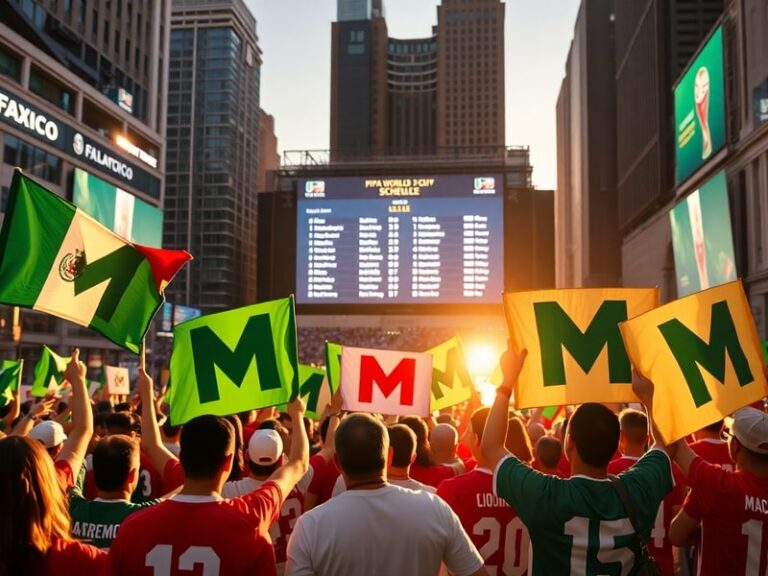A vibrant scene of Estadio Azteca filled with Mexican fans in green, white, and red jerseys, waving flags and cheering during