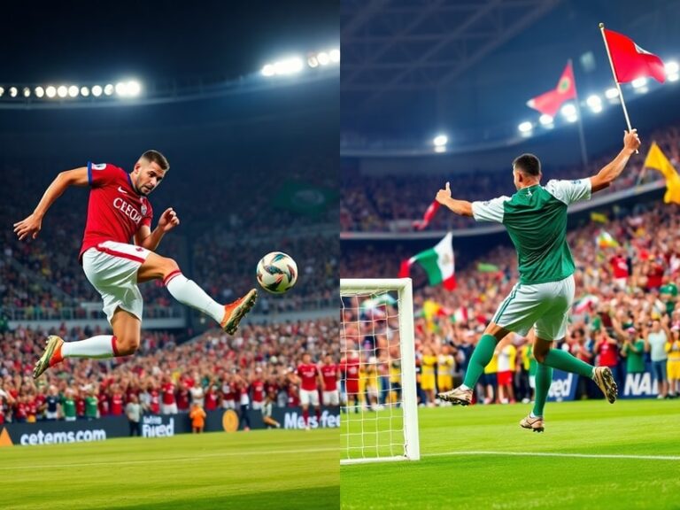A vibrant scene from a Czechia vs Mexico match at a packed stadium, with players in action and fans in colorful gear, capturi