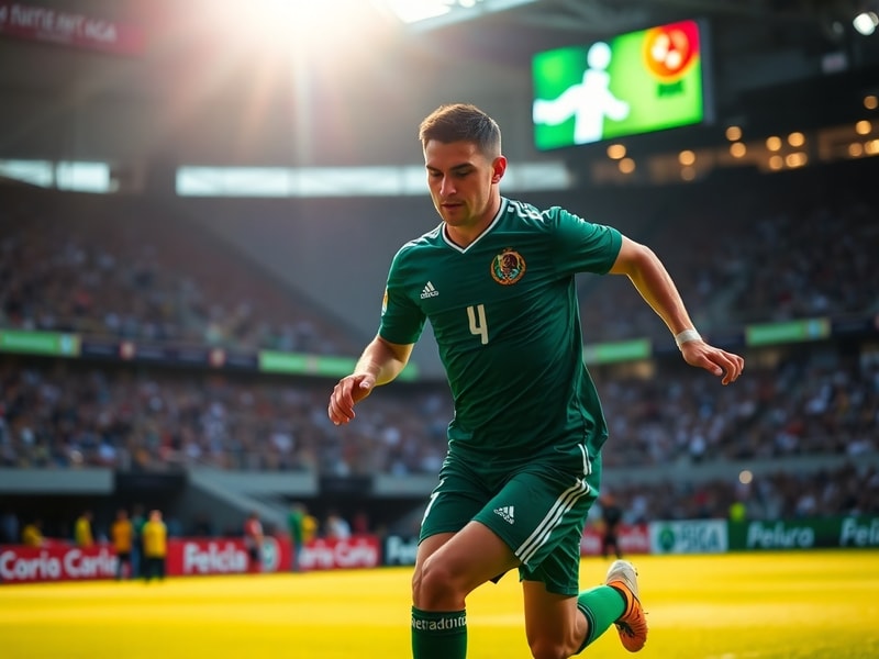 A dynamic action shot of a Mexican footballer wearing the 2024 away jersey, mid-game in a packed stadium with vibrant green a