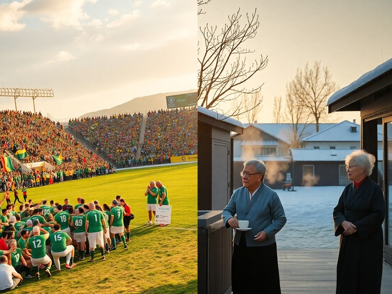 A split-screen image showing a South African rugby player in green and gold next to a South Korean esports player in white an