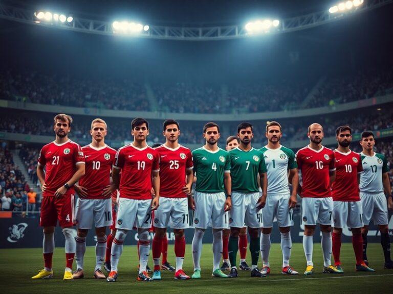 A dynamic action shot of Czech and Mexican players mid-match, with Czechia in white and Mexico in green, set in a packed stad