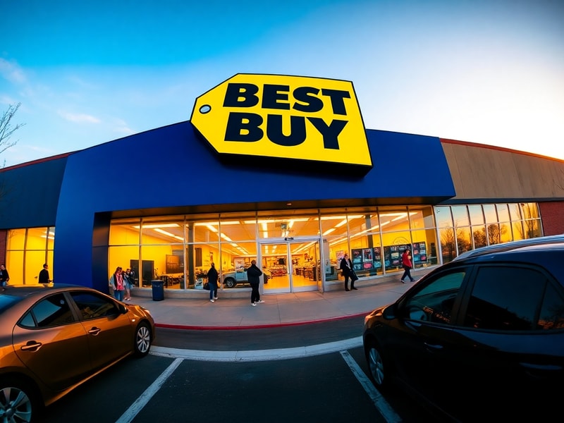 A bright, modern Best Buy store interior with customers interacting with interactive displays, a Geek Squad workstation in th