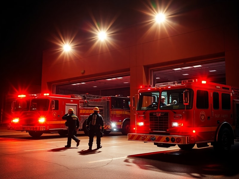 A San Jose firefighter in full gear using a thermal imaging camera during a training exercise in a simulated urban fire scena
