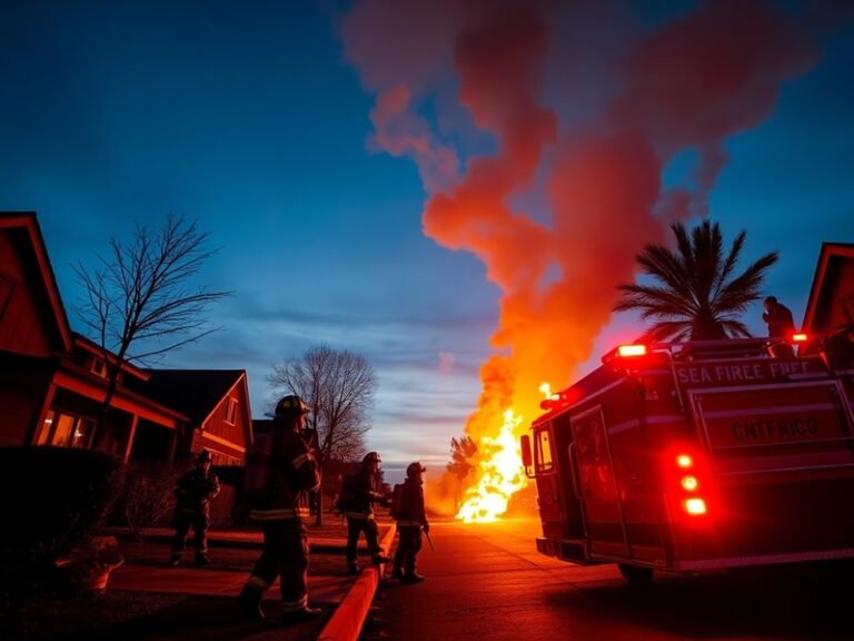 Smoke rising from a hillside wildfire near a suburban neighborhood in San Jose, with firefighters in gear and a fire engine o