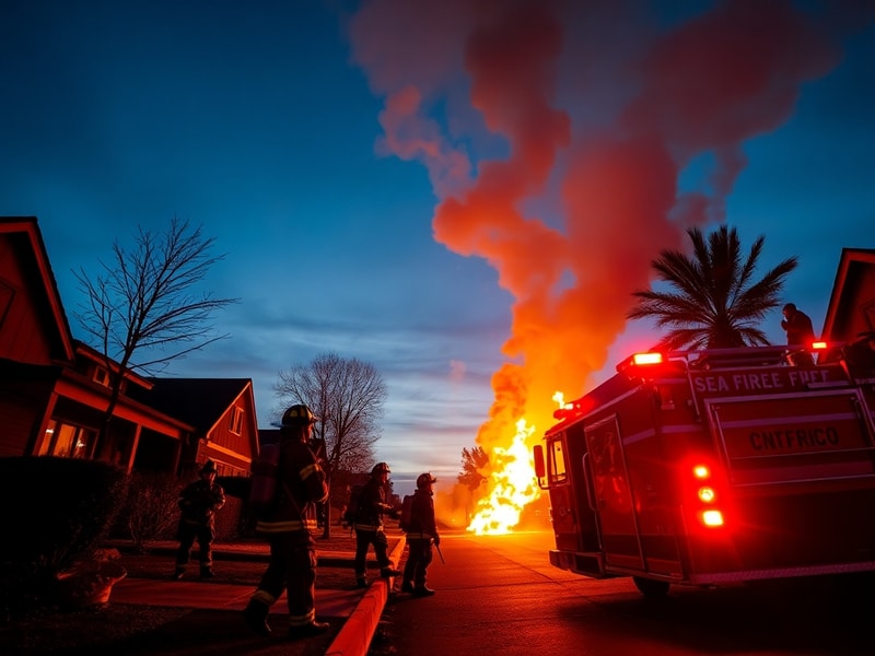 Smoke rising from a hillside wildfire near a suburban neighborhood in San Jose, with firefighters in gear and a fire engine o