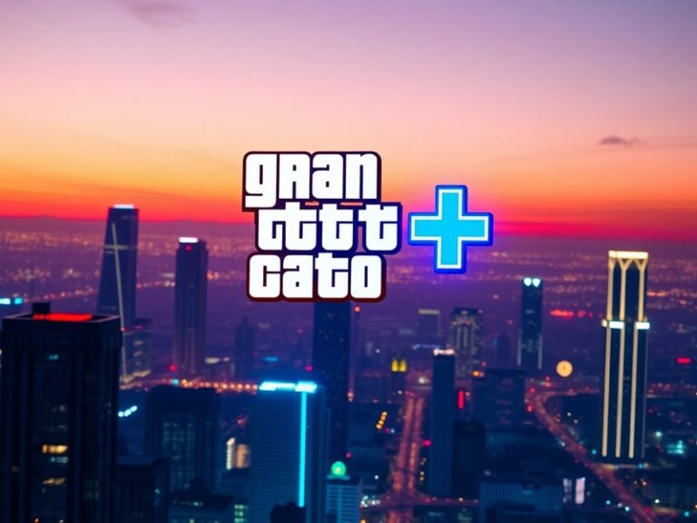 A stylized split-screen image: on the left, a glowing GTA+ logo hovers over a cityscape from GTA Online; on the right, a play