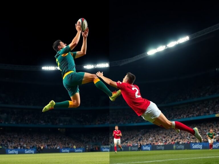 A split-image visual: on one side, a South African rugby player in green and gold mid-action during a match; on the other, a