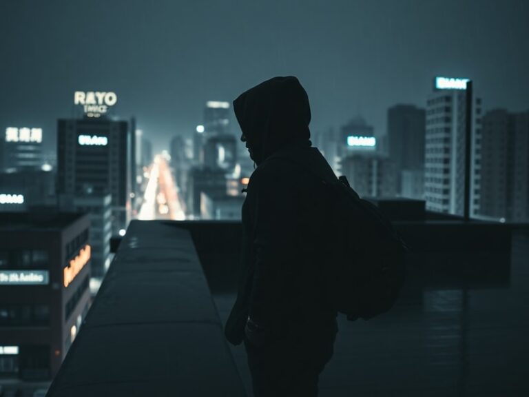 A nighttime scene of a masked figure in dark clothing holding a flashlight, standing on a residential street with houses blur