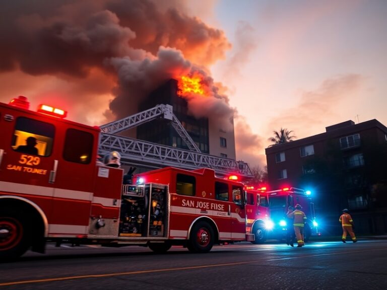 A San Jose Fire Department engine responding to a call in an urban residential neighborhood, with firefighters in gear and a