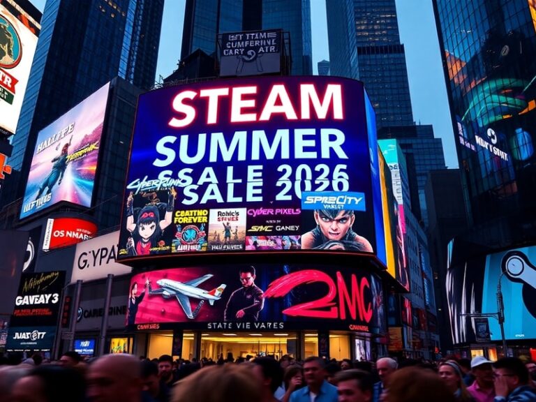 A vibrant digital collage showing diverse gamers around the world celebrating Steam Summer Sale 2026, with screens displaying